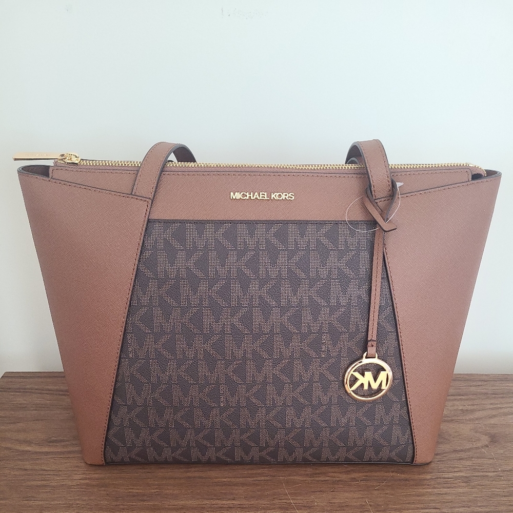 NWT Michael Kors Maddie Brown Zip Monogram Shoulder Tote Handbag - MSRP $248 -